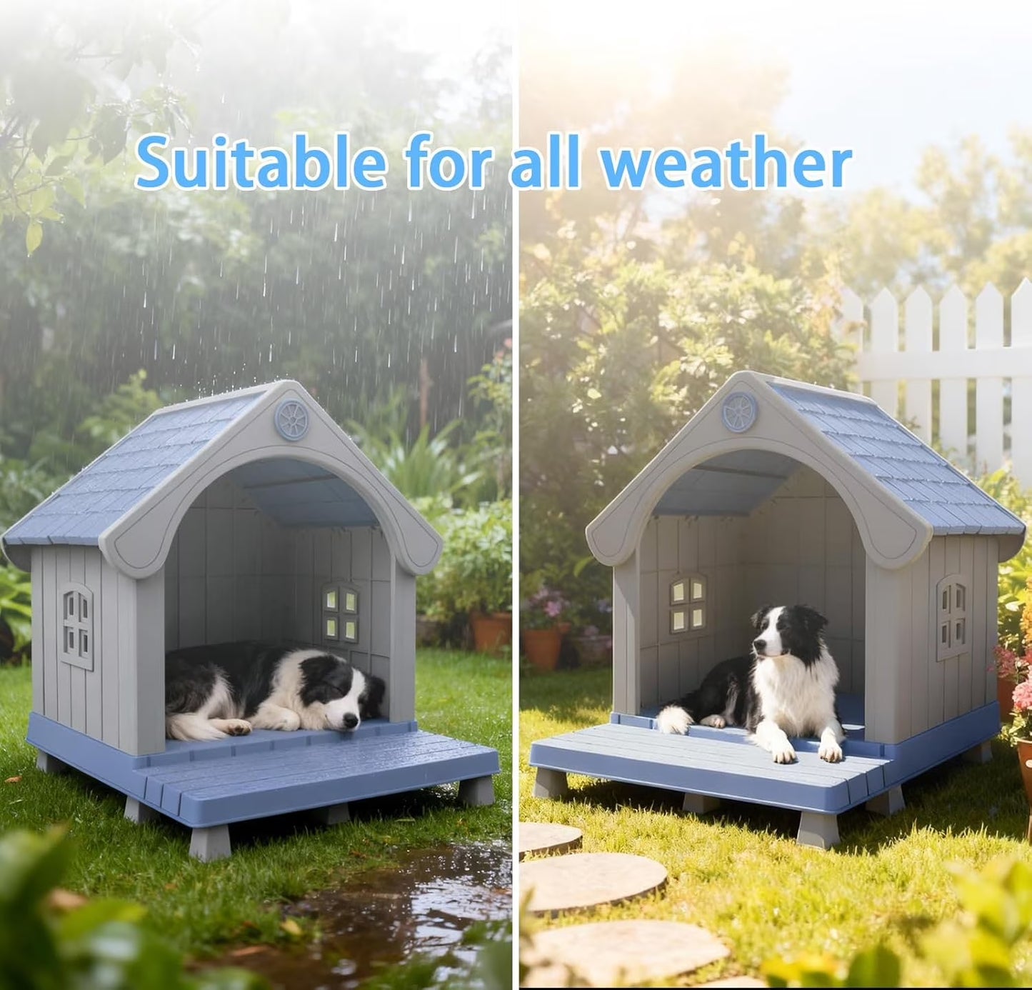 Dog House Resin Dog Kennel with Cute Elegant Design & Extended Elevated Floor, Dog Houses for Large Dogs outside Weatherproof for Indoor & Outdoor Use