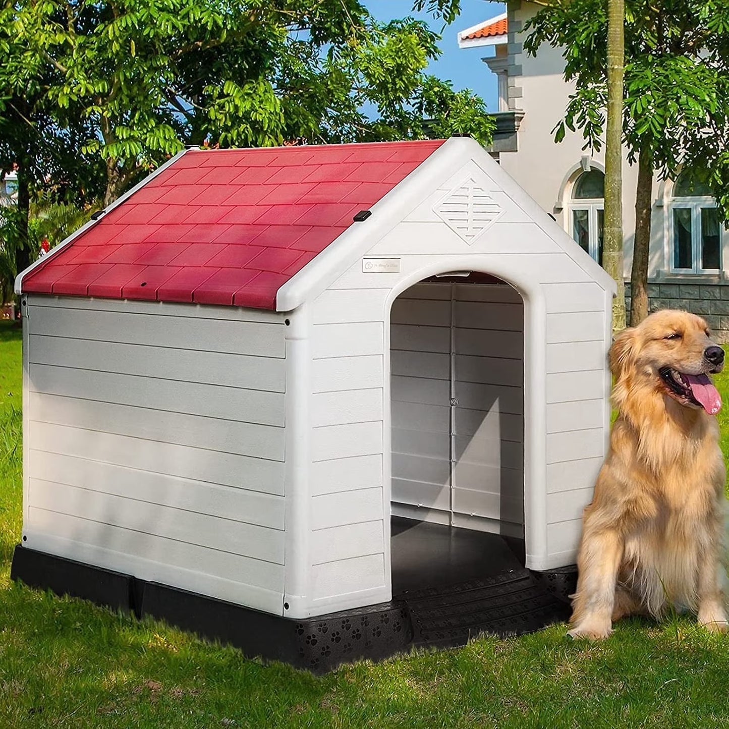 Plastic Dog House Outdoor Indoor for Small Medium Large Dogss with Elevated Floor and Air Vents