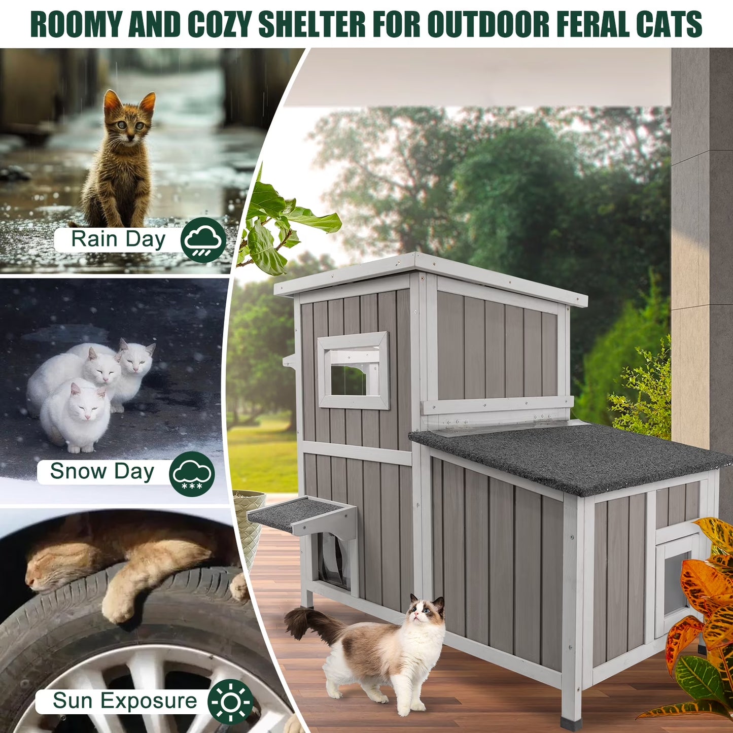 Outdoor Cat House 2-Story Wooden Condo - Weatherproof, Acrylic Window - Gray