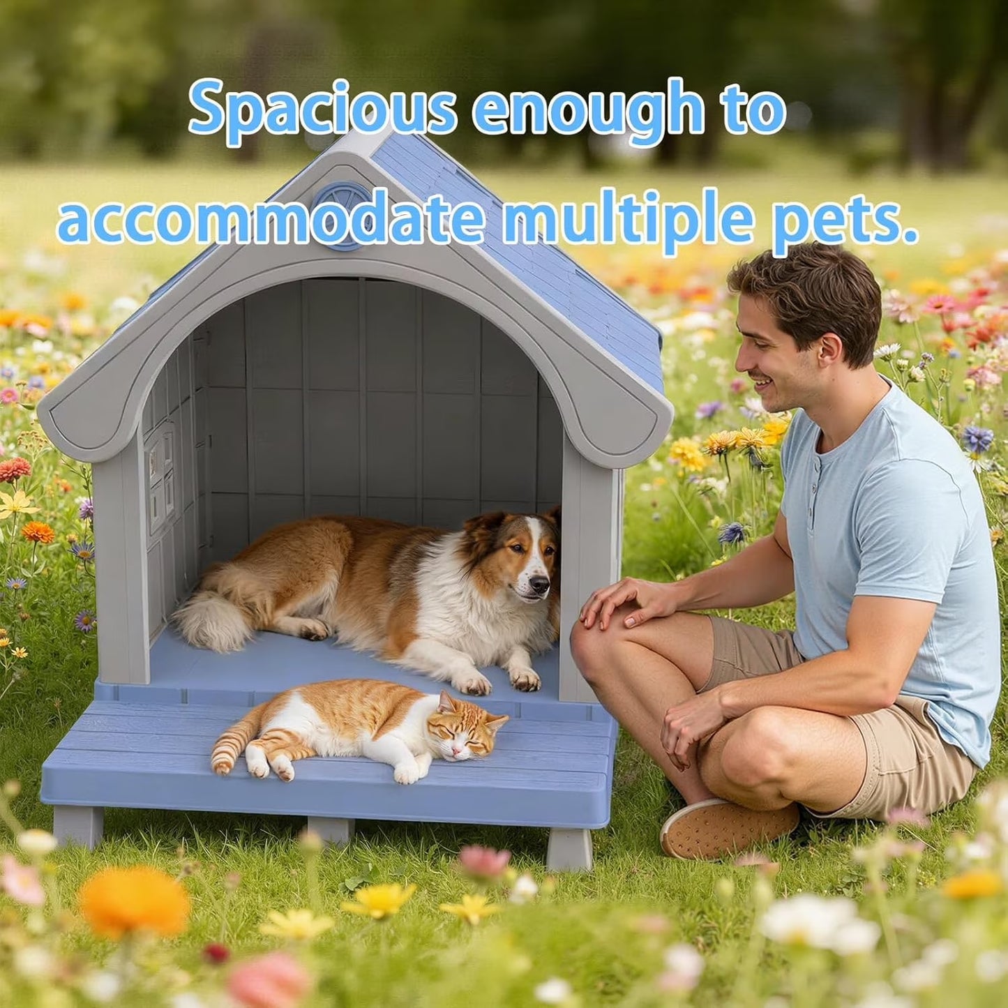 Dog House Resin Dog Kennel with Cute Elegant Design & Extended Elevated Floor, Dog Houses for Large Dogs outside Weatherproof for Indoor & Outdoor Use