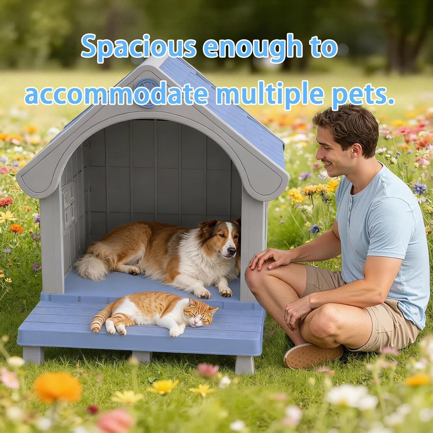 Dog House Resin Dog Kennel with Cute Elegant Design & Extended Elevated Floor, Dog Houses for Large Dogs outside Weatherproof for Indoor & Outdoor Use