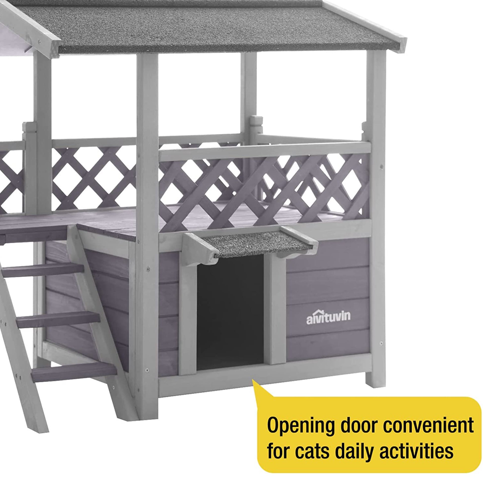 Wood Cat House with Balcony, Outdoor Indoor Kitty Shelter with Stairs