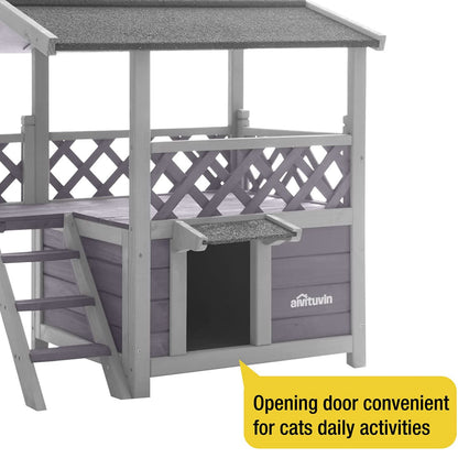 Wood Cat House with Balcony, Outdoor Indoor Kitty Shelter with Stairs