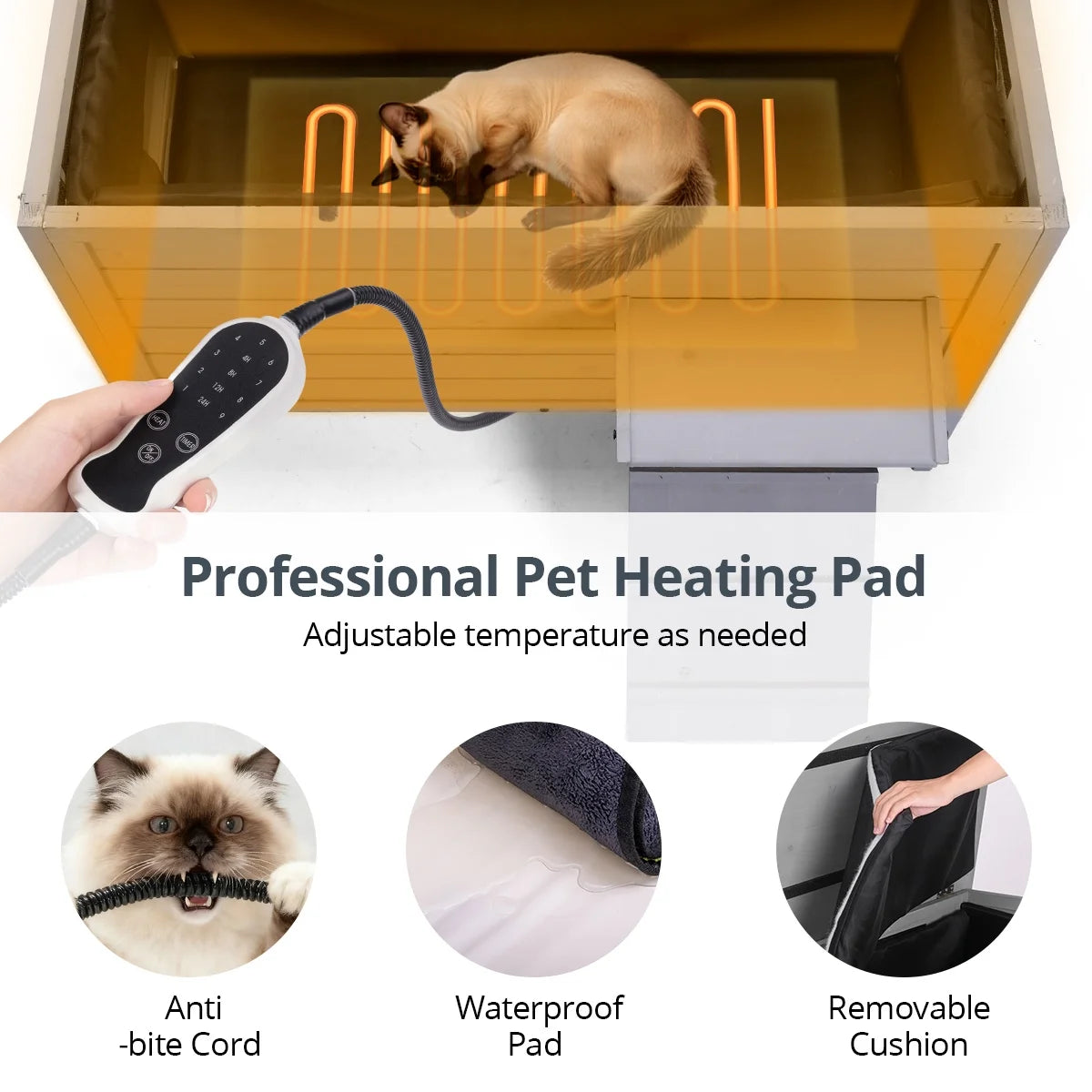 Outdoor Cat House with Removable Heating Pad,  Heated Cat House, Waterproof Winter Shelter for Multiple Cats & Small Animals with Escape Door, Suitable for All Seasons