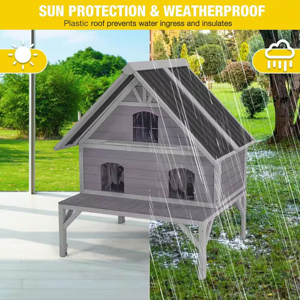 Wooden Outdoor Cat House, Outdoor 2 Story Cat House with Waterproof Roof