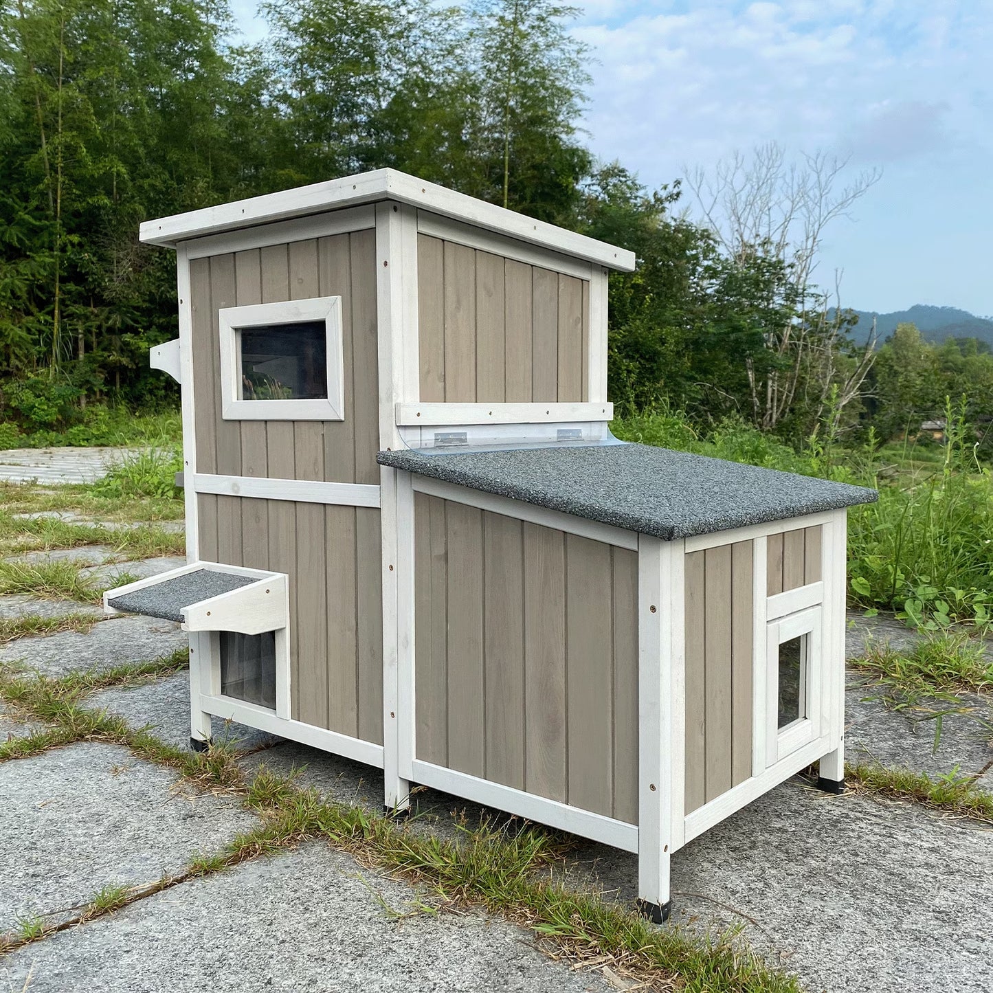 Outdoor Cat House 2-Story Wooden Condo - Weatherproof, Acrylic Window - Gray