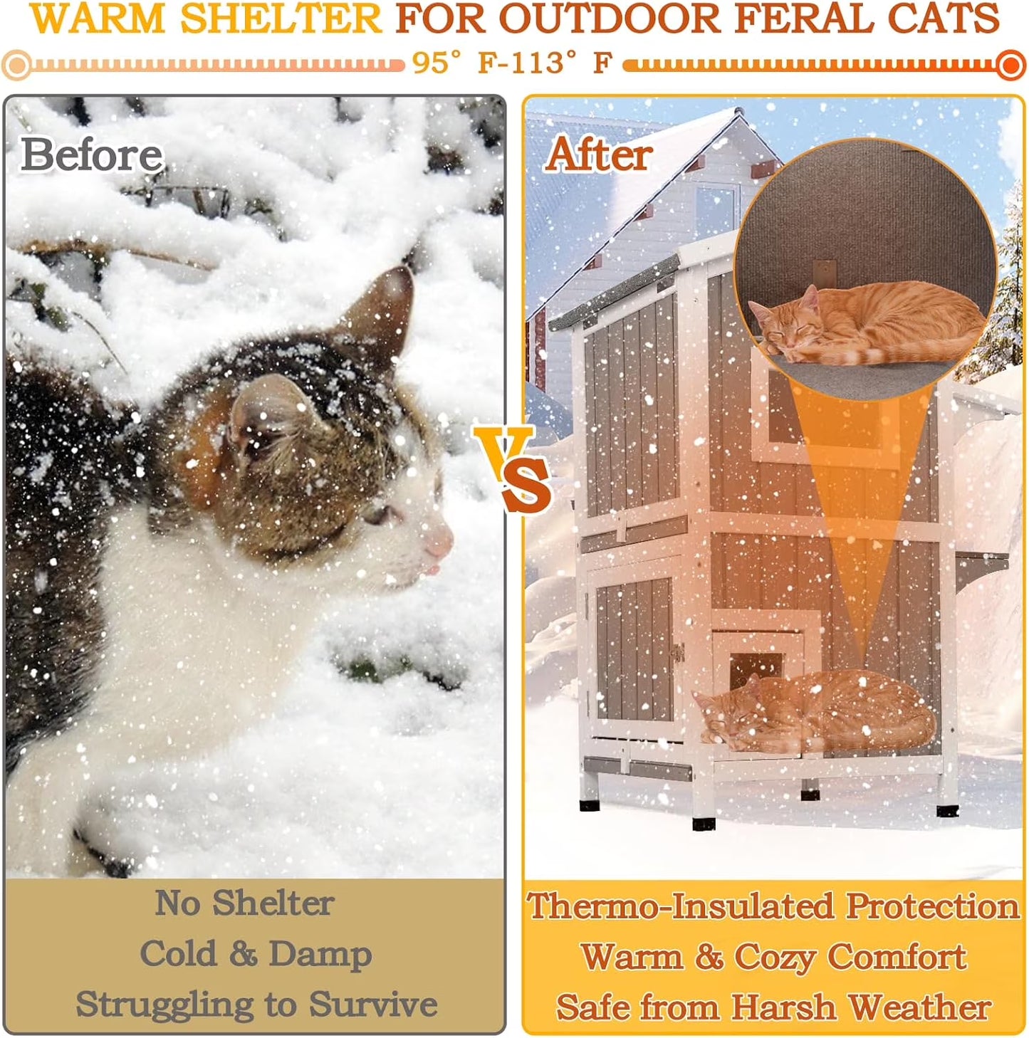 Insulated Outdoor Cat House Two Story - Weatherproof Elevated - Gray