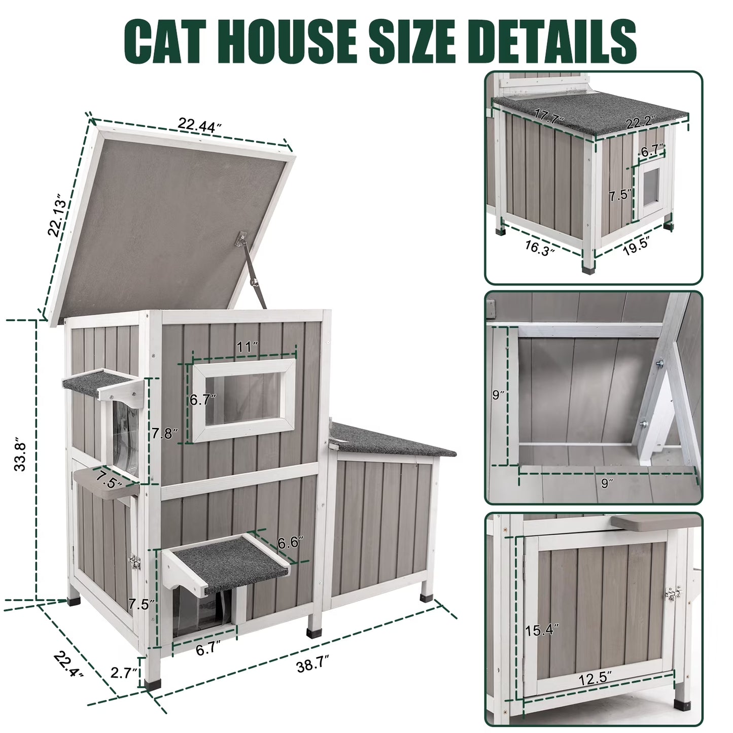 Outdoor Cat House 2-Story Wooden Condo - Weatherproof, Acrylic Window - Gray