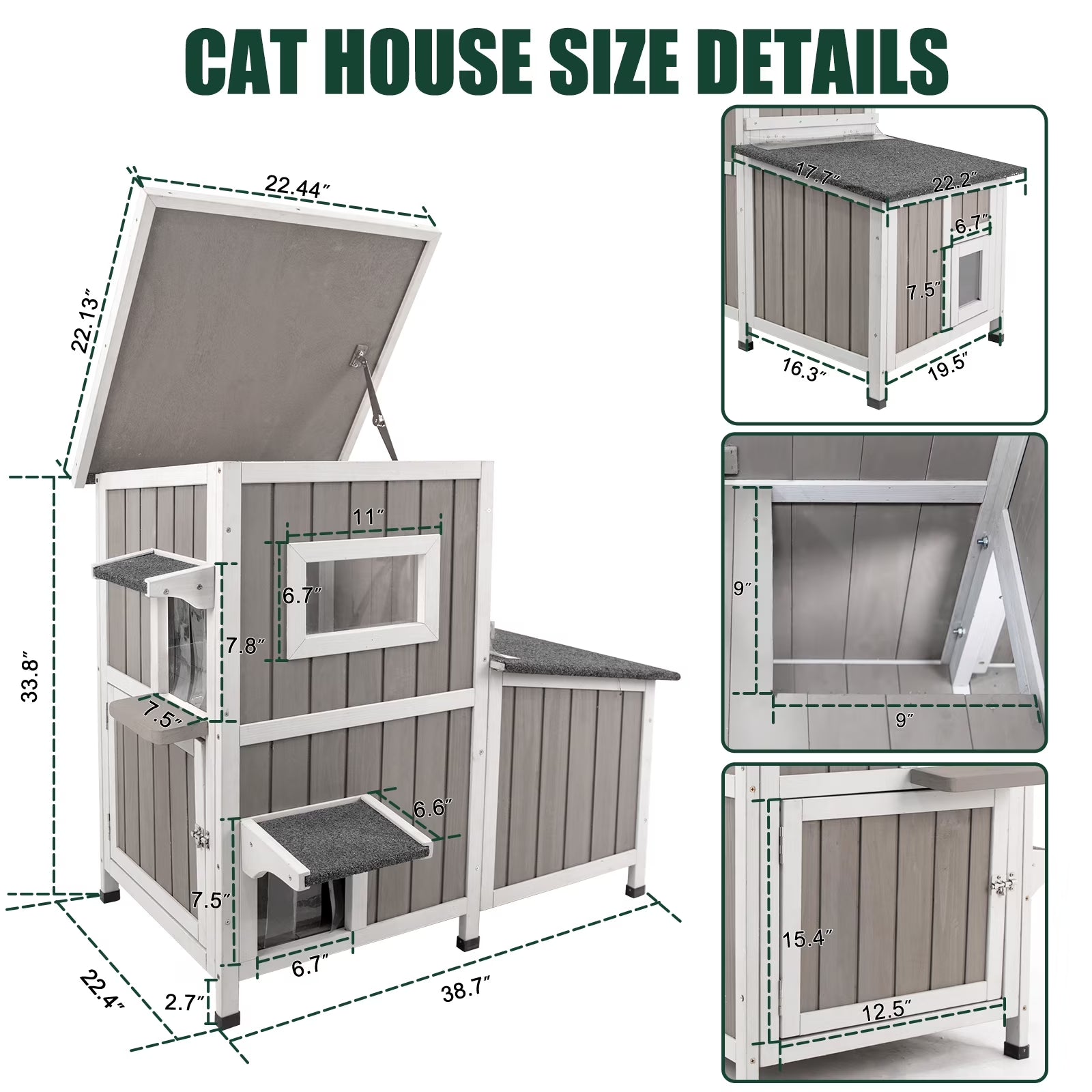 Outdoor Cat House 2-Story Wooden Condo - Weatherproof, Acrylic Window - Gray
