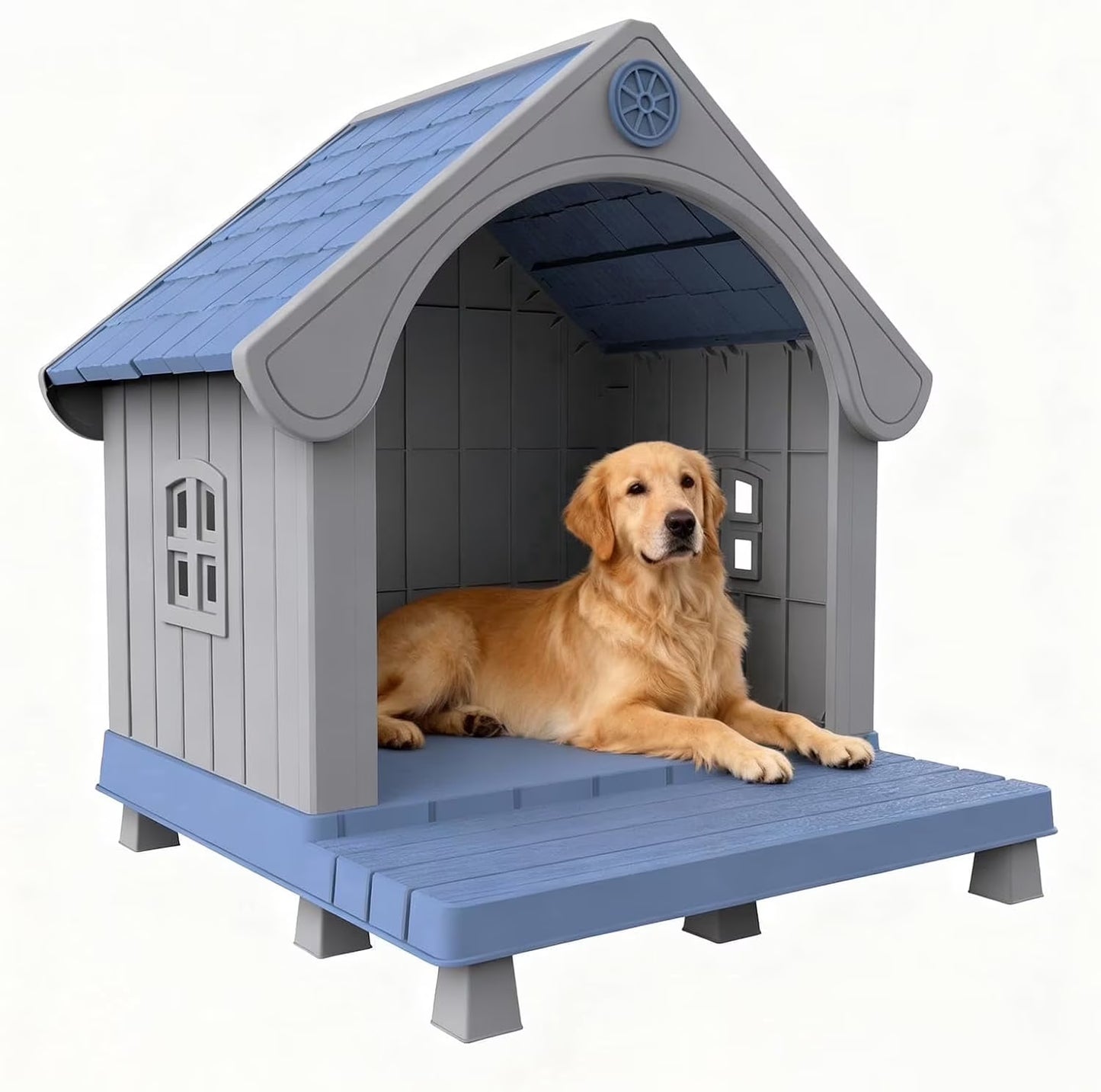 Dog House Resin Dog Kennel with Cute Elegant Design & Extended Elevated Floor, Dog Houses for Large Dogs outside Weatherproof for Indoor & Outdoor Use