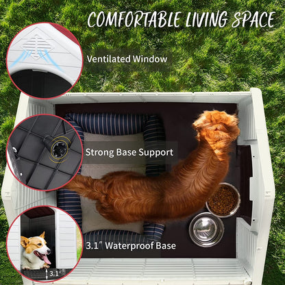 Plastic Dog House Outdoor Indoor for Small Medium Large Dogss with Elevated Floor and Air Vents