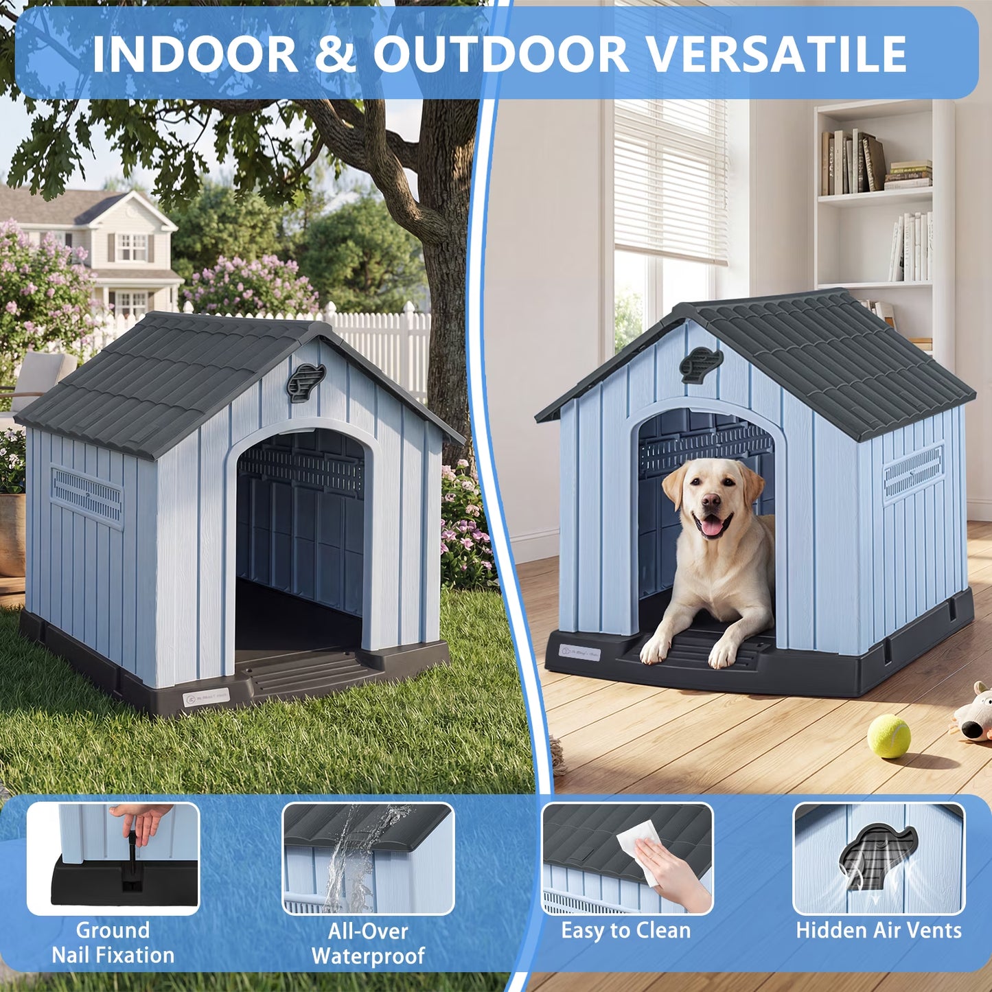 Durable Waterproof Plastic Dog House for Small to Large Sized Dogs, Indoor Outdoor Doghouse with Elevated Floor