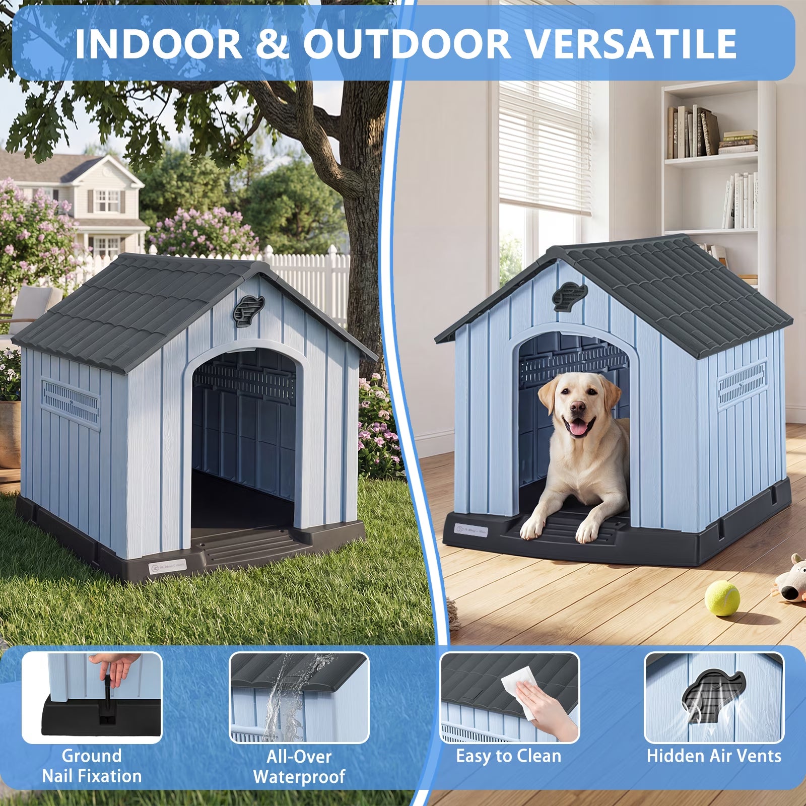 Durable Waterproof Plastic Dog House for Small to Large Sized Dogs, Indoor Outdoor Doghouse with Elevated Floor