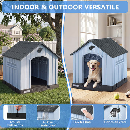 Durable Waterproof Plastic Dog House for Small to Large Sized Dogs, Indoor Outdoor Doghouse with Elevated Floor