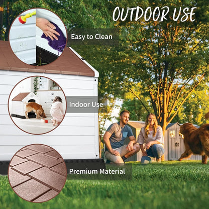 Durable Waterproof Plastic Dog House for Small to Large Sized Dogs, Indoor Outdoor Doghouse with Elevated Floor