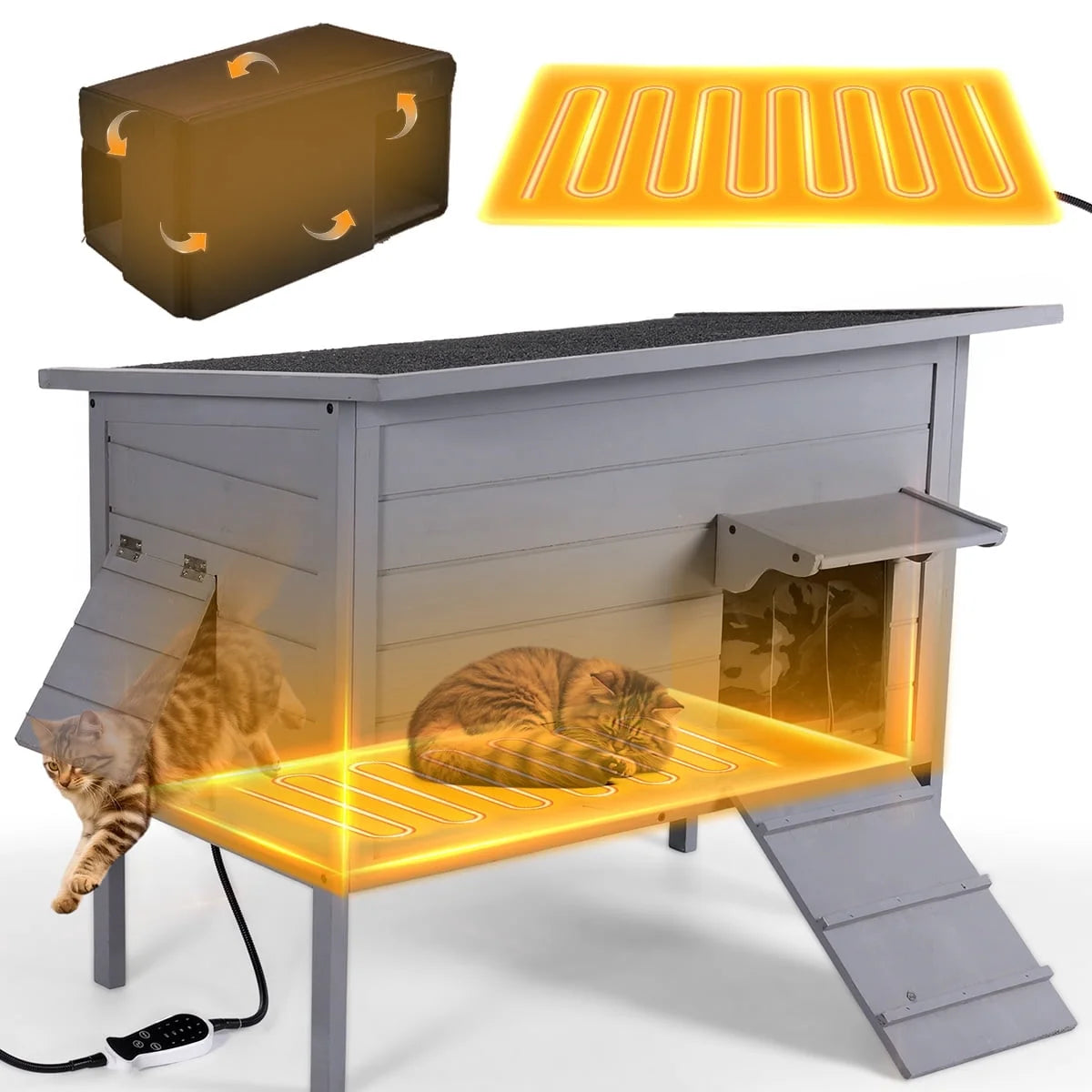 Outdoor Cat House with Removable Heating Pad,  Heated Cat House, Waterproof Winter Shelter for Multiple Cats & Small Animals with Escape Door, Suitable for All Seasons