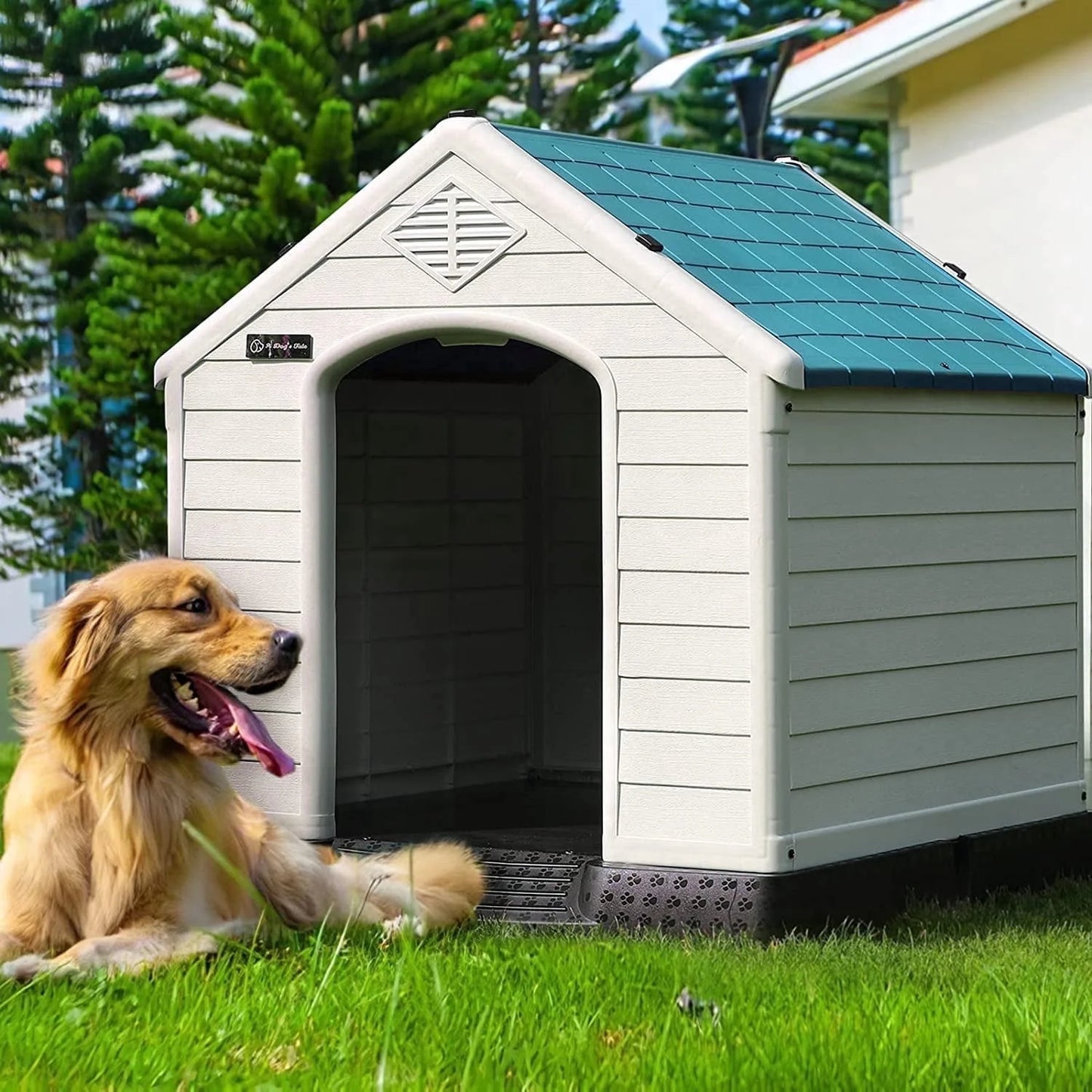 Durable Waterproof Plastic Dog House for Small to Large Sized Dogs, Indoor Outdoor Doghouse with Elevated Floor