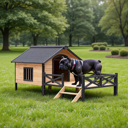 66" Outdoor Dog House, Large Wooden Dog Kennel with Porch, Cabin House Style Pet Houses for Cats, Brown