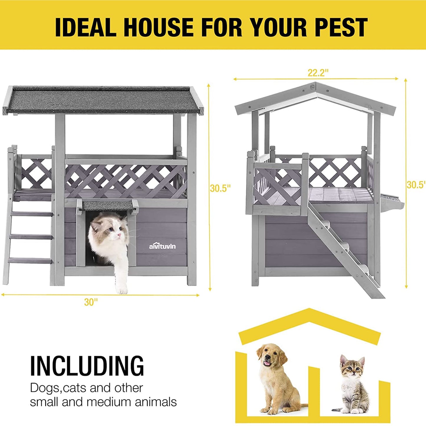 Wood Cat House with Balcony, Outdoor Indoor Kitty Shelter with Stairs