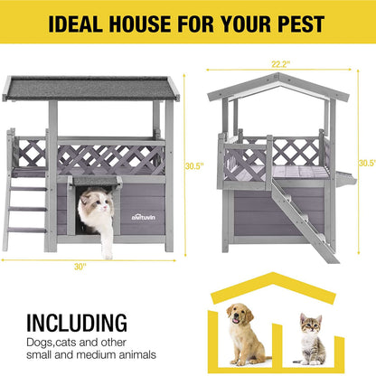 Wood Cat House with Balcony, Outdoor Indoor Kitty Shelter with Stairs