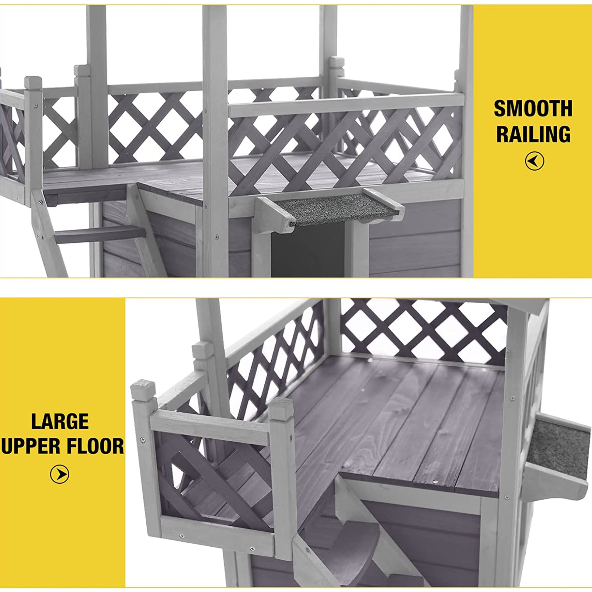 Wood Cat House with Balcony, Outdoor Indoor Kitty Shelter with Stairs