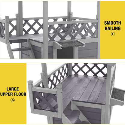 Wood Cat House with Balcony, Outdoor Indoor Kitty Shelter with Stairs