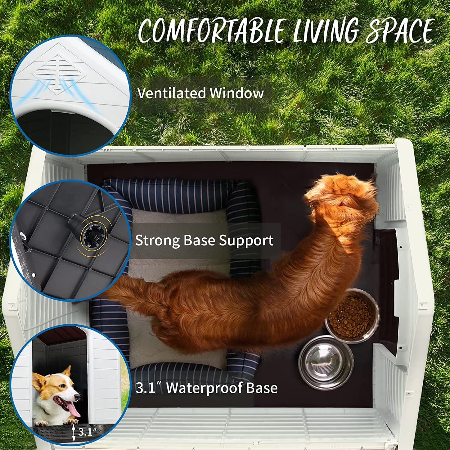 Durable Waterproof Plastic Dog House for Small to Large Sized Dogs, Indoor Outdoor Doghouse with Elevated Floor