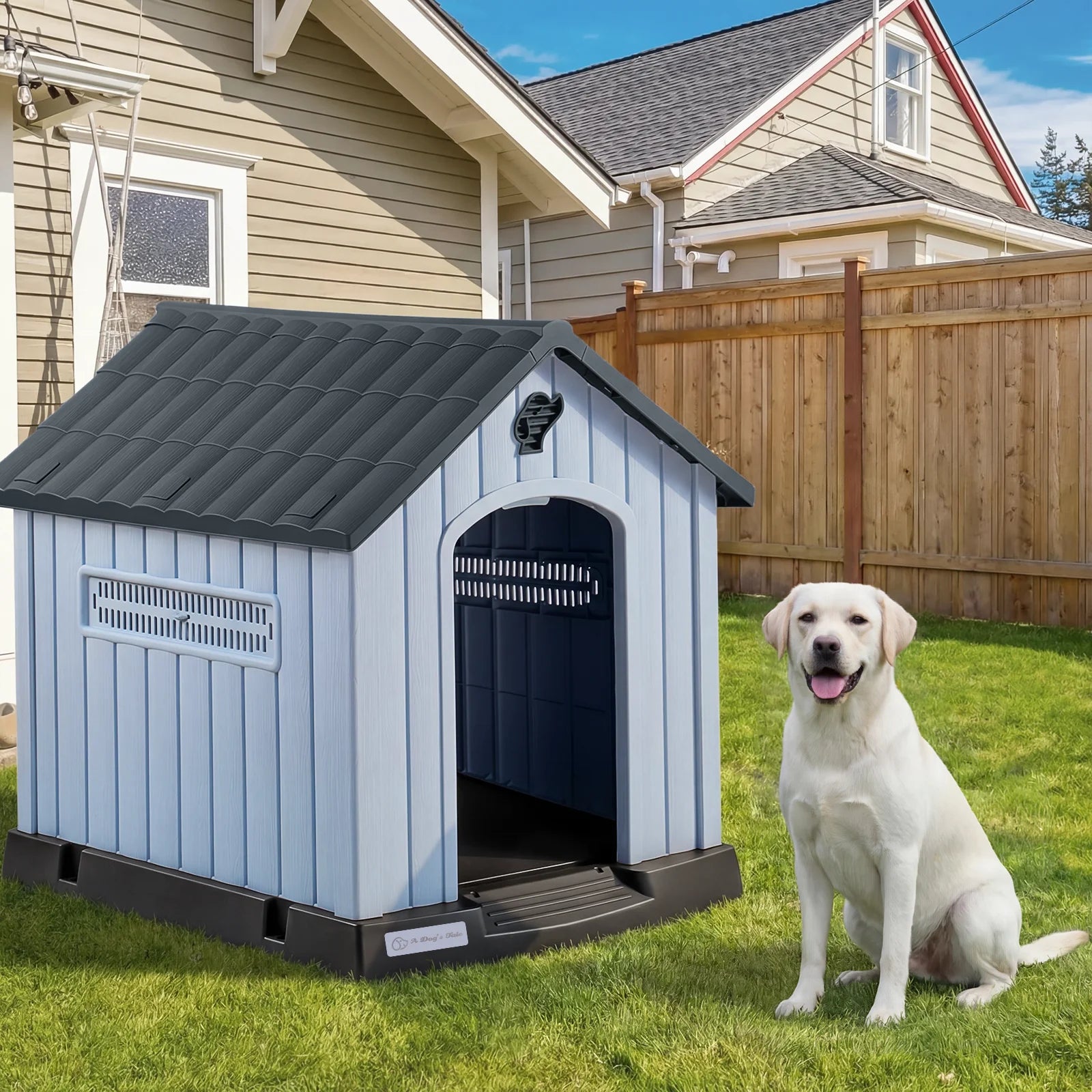 Durable Waterproof Plastic Dog House for Small to Large Sized Dogs, Indoor Outdoor Doghouse with Elevated Floor