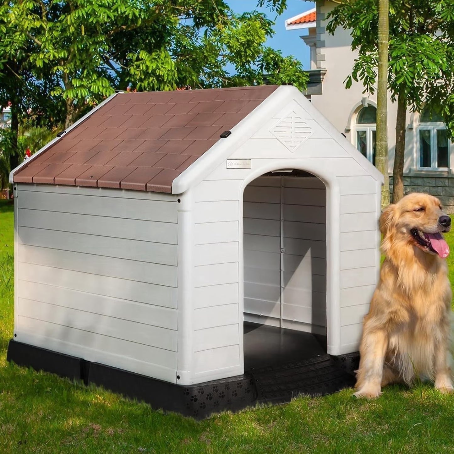 Durable Waterproof Plastic Dog House for Small to Large Sized Dogs, Indoor Outdoor Doghouse with Elevated Floor