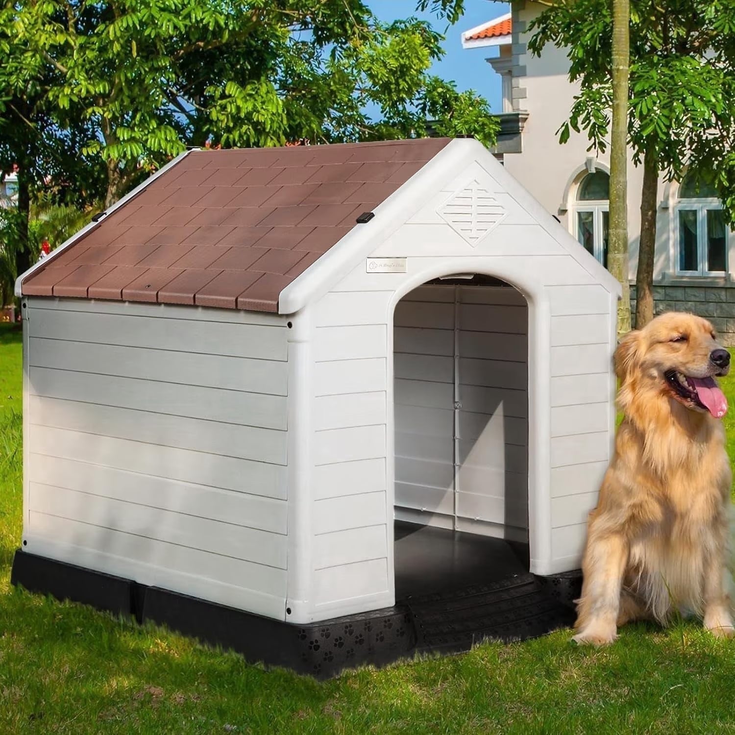 Durable Waterproof Plastic Dog House for Small to Large Sized Dogs, Indoor Outdoor Doghouse with Elevated Floor