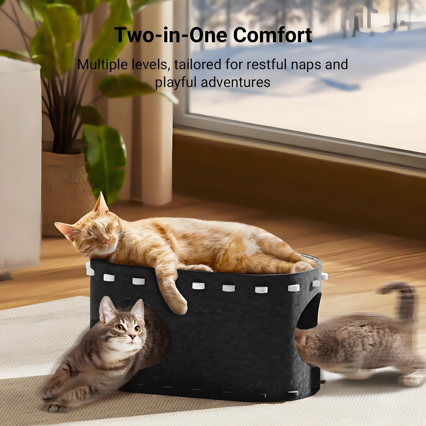 Cat Bed,  Extra Large Cat House with Scratch Pad and Fluffy Ball Hanging ,24"X16"X13", Khaki