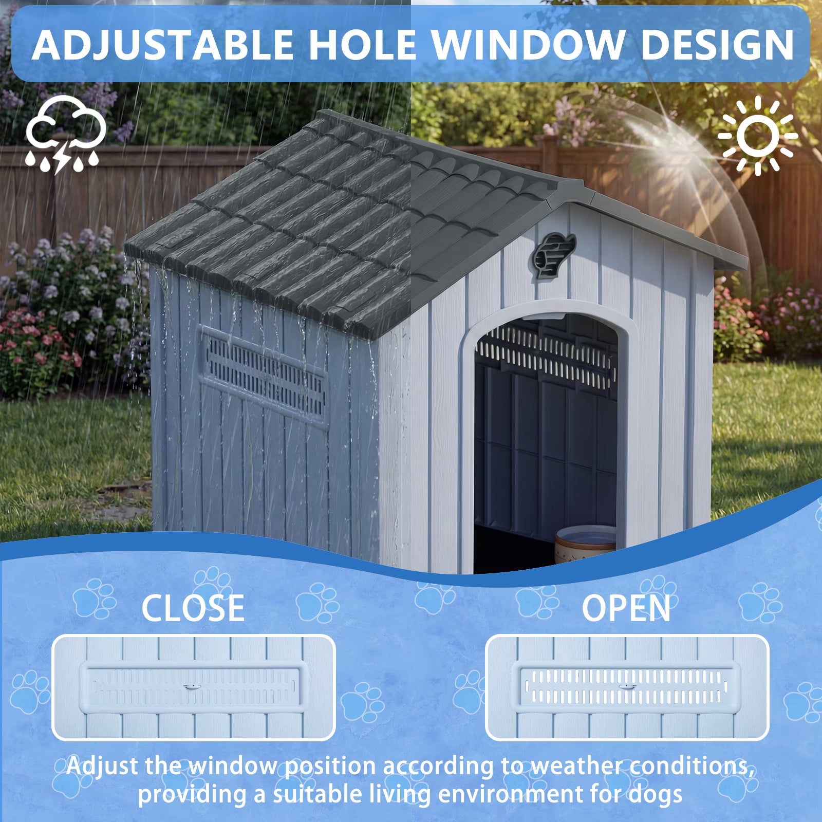 Durable Waterproof Plastic Dog House for Small to Large Sized Dogs, Indoor Outdoor Doghouse with Elevated Floor