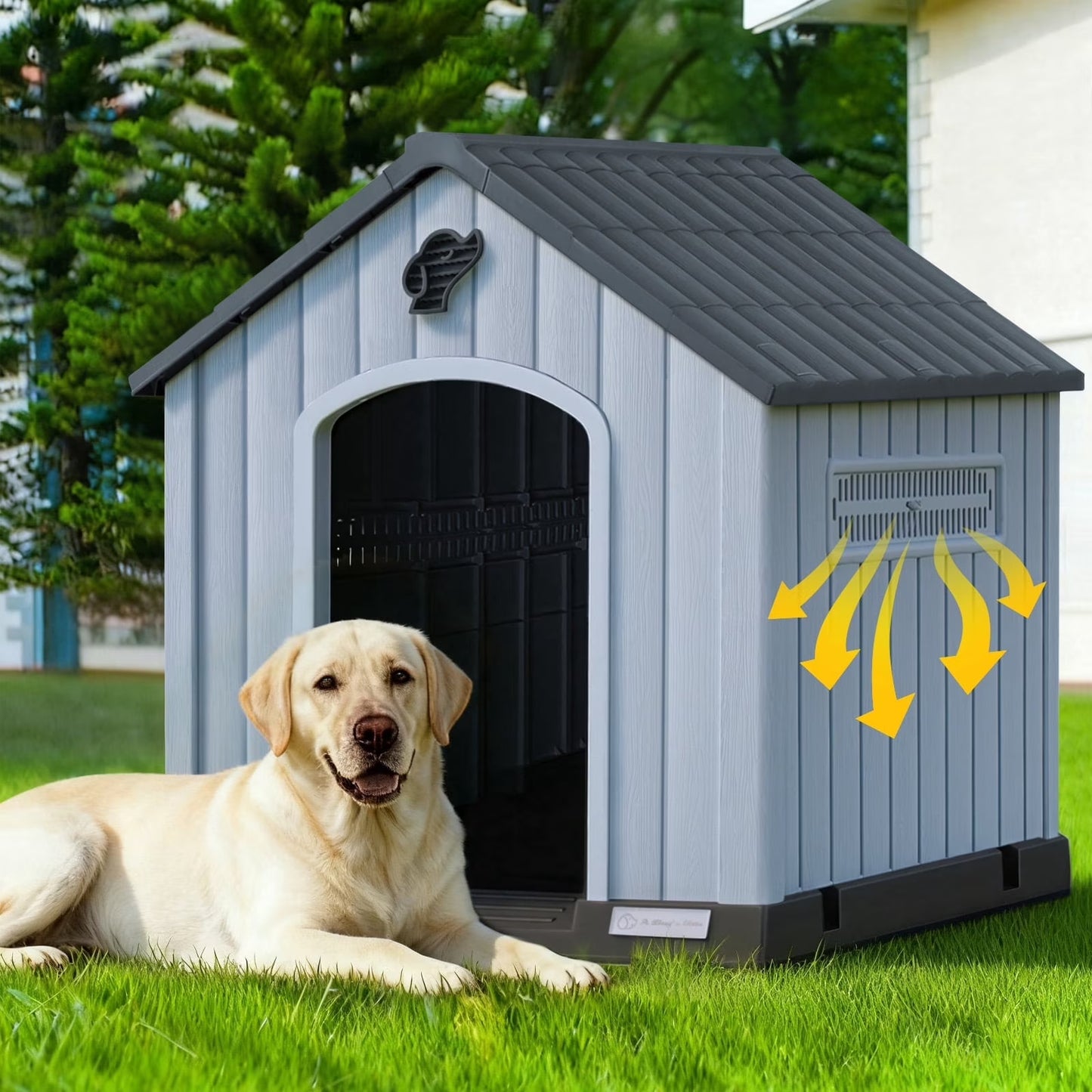 Durable Waterproof Plastic Dog House for Small to Large Sized Dogs, Indoor Outdoor Doghouse with Elevated Floor