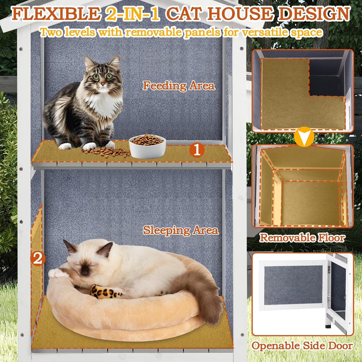 Insulated Outdoor Cat House Two Story - Weatherproof Elevated - Gray