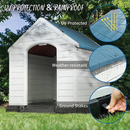 Durable Waterproof Plastic Dog House for Small to Large Sized Dogs, Indoor Outdoor Doghouse with Elevated Floor