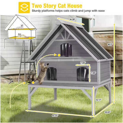 Wooden Outdoor Cat House, Outdoor 2 Story Cat House with Waterproof Roof