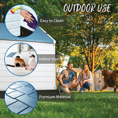 Durable Waterproof Plastic Dog House for Small to Large Sized Dogs, Indoor Outdoor Doghouse with Elevated Floor