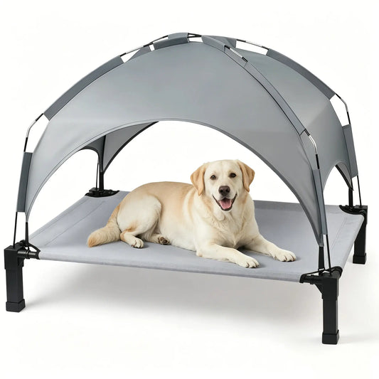 Elevated Outdoor Dog Bed with Removable Canopy for Large Dogs, Portable Dog Cot with Sun Shade Tent, Raised Pet Cot Bed with Support Feet, Breathable Cooling & Tear Resistant Pet Hammock Beds with Tent, for Indoor & Outdoor&Beach#Tiktokshopdealsforyoudays