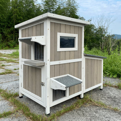 Outdoor Cat House 2-Story Wooden Condo - Weatherproof, Acrylic Window - Gray