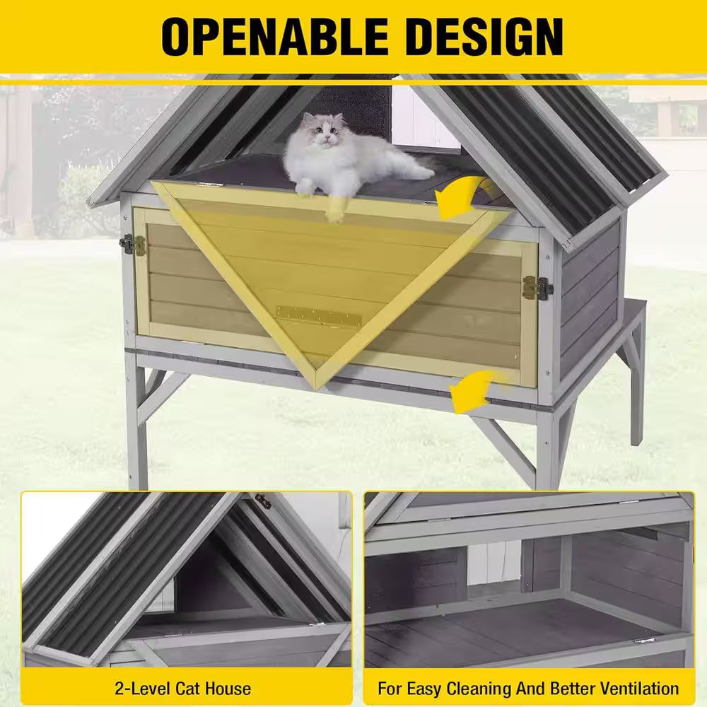 Wooden Outdoor Cat House, Outdoor 2 Story Cat House with Waterproof Roof