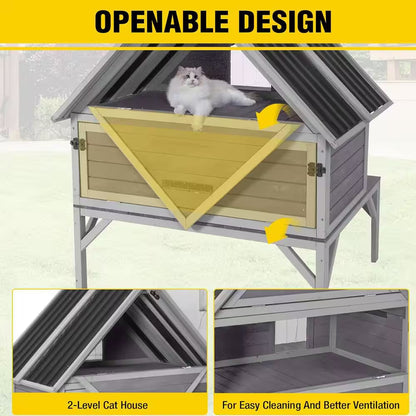 Wooden Outdoor Cat House, Outdoor 2 Story Cat House with Waterproof Roof