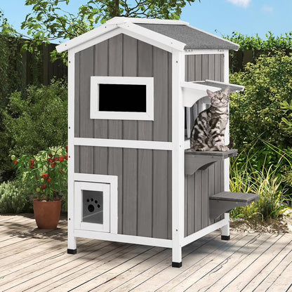 Insulated Outdoor Cat House Two Story - Weatherproof Elevated - Gray