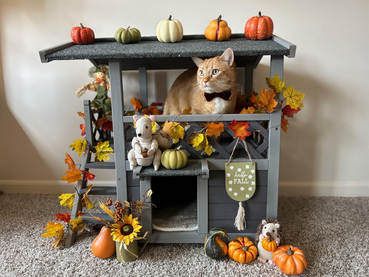Wood Cat House with Balcony, Outdoor Indoor Kitty Shelter with Stairs