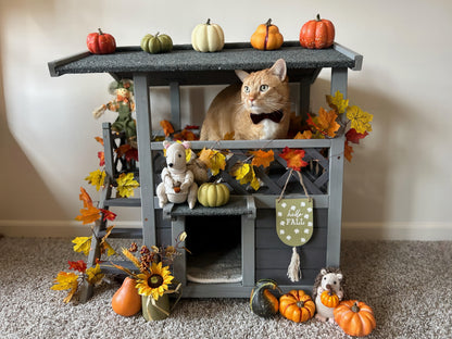 Wood Cat House with Balcony, Outdoor Indoor Kitty Shelter with Stairs