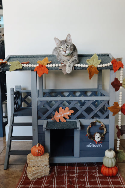 Wood Cat House with Balcony, Outdoor Indoor Kitty Shelter with Stairs