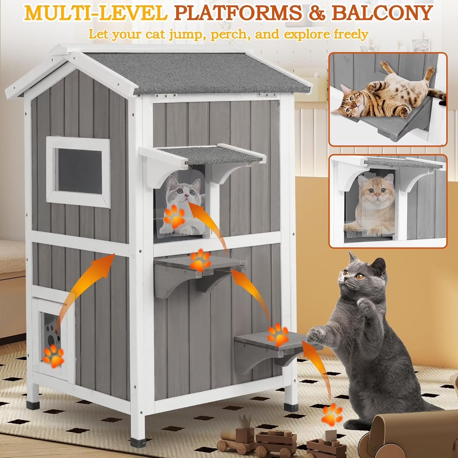 Insulated Outdoor Cat House Two Story - Weatherproof Elevated - Gray