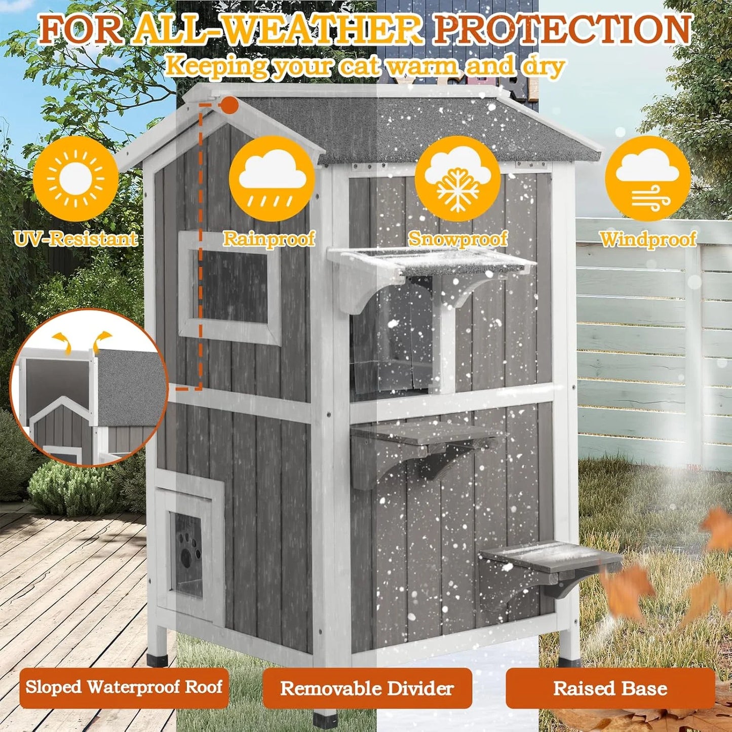 Insulated Outdoor Cat House Two Story - Weatherproof Elevated - Gray