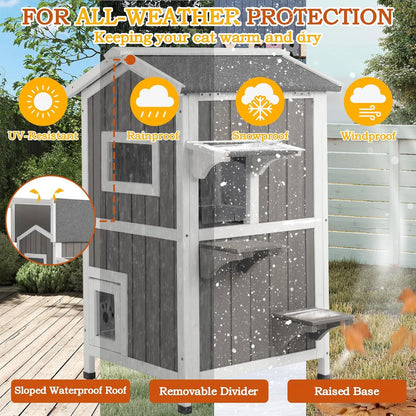 Insulated Outdoor Cat House Two Story - Weatherproof Elevated - Gray