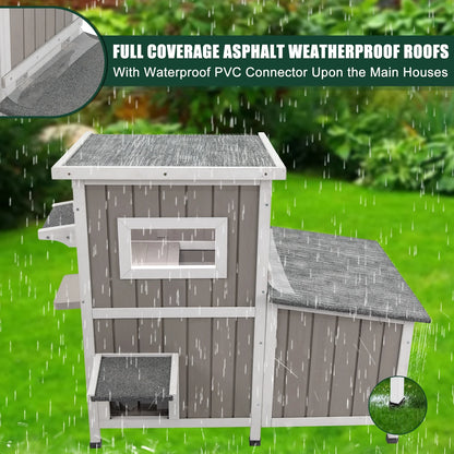 Outdoor Cat House 2-Story Wooden Condo - Weatherproof, Acrylic Window - Gray