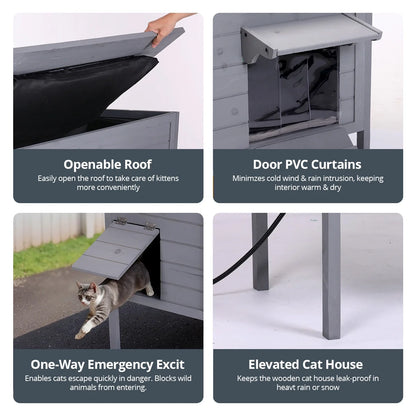 Outdoor Cat House with Removable Heating Pad,  Heated Cat House, Waterproof Winter Shelter for Multiple Cats & Small Animals with Escape Door, Suitable for All Seasons